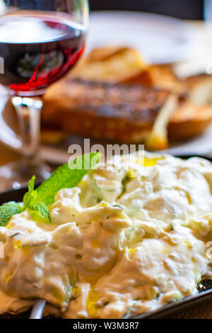 Tzatziki, cacik o tarator, salsa o sugo dal sud-est Europa e Medio Oriente fatto di salato messo a dura prova lo yogurt mescolato con cetrioli, aglio, sale, oli Foto Stock