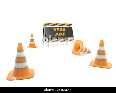 Il giallo e il nero a strisce barriera con la zona di lavoro di testo e coni stradali isolato su bianco Foto Stock