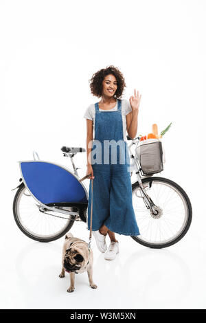 Immagine della bella americano africano donna mostra ok segno permanente, mentre con la sua pug e bicicletta isolate su sfondo bianco Foto Stock