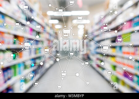 Franchising rete di distribuzione Negozio Retail Business concetto finanziario. Supermercato sfocata sullo sfondo Foto Stock