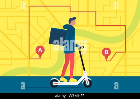 Consegna courier giovane maschio scooter elettrico guida con confezione prodotto scatola. Concetto di servizio di spedizione veloce sulla mappa stradale della città con pin GPS e percorso di navigazione. Illustrazione del trasporto vettoriale Illustrazione Vettoriale