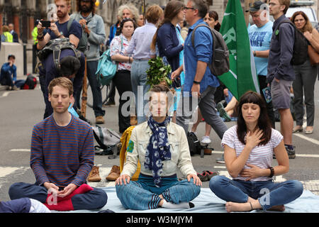 Londra, Regno Unito. Il 15 luglio 2019. Il clima del gruppo d'azione ribellione di estinzione tenendo proteste in diversi luoghi nel Regno Unito come qui di fronte al Royal Courts della legge sullo Strand, Londra, la chiusura di una parte della strada chiedono una legge sulla Ecocide. Alcuni dei manifestanti meditando in mezzo alla strada. Credito: Joe Kuis / Alamy News Foto Stock