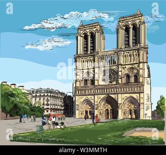 Vettore colorato disegno a mano illustrazione della cattedrale di Notre Dame (Parigi, Francia). Punto di riferimento di Parigi. Paesaggio con la cattedrale di Notre Dame. Illustrazione Vettoriale