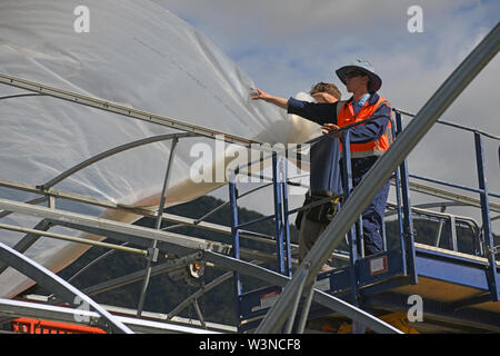 Greymouth, Nuova Zelanda, dicembre 12, 2018: Commercianti fissare la plastica su un nuovo tunnel house. Foto Stock
