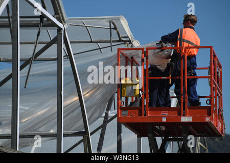 Greymouth, Nuova Zelanda, dicembre 12, 2018: Commercianti fissare la plastica su un nuovo tunnel house. Foto Stock