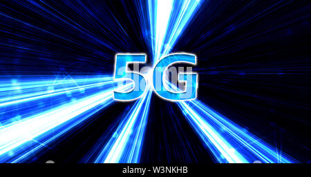 Creative incandescente 5G sullo sfondo. Mobile internet concetto. Il rendering 3D. 5G loop Foto Stock