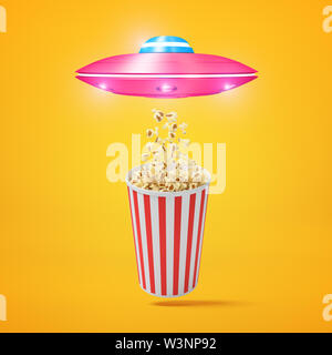 3D rendering di piccola rosa UFO volare sopra striped popcorn benna e il disegno di alcuni pop corn verso la sua berlina su sfondo di colore ambra. Foto Stock