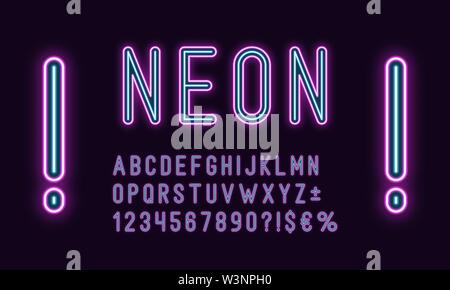 Neon alfabeto arrotondati, viola il colore blu. Il Neon delineato font, set di bicromia incandescente lettere, numeri, valuta e diversi segni e simboli. Vettore t Illustrazione Vettoriale