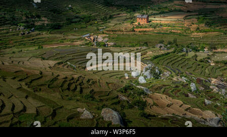 Ricefields e tradizionale Betsileo case sul Madagascar highlands, vicino ad Ambositra, sulla principale N7 road. Foto Stock