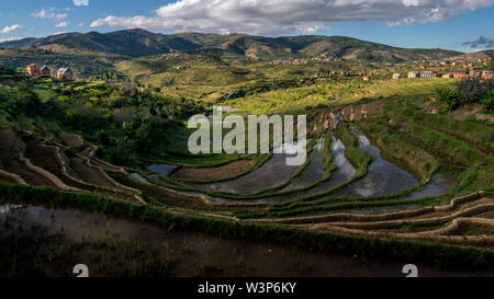 Ricefields e tradizionale Betsileo case sul Madagascar highlands, vicino ad Ambositra, sulla principale N7 road. Foto Stock