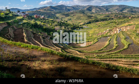 Ricefields e tradizionale Betsileo case sul Madagascar highlands, vicino ad Ambositra, sulla principale N7 road. Foto Stock