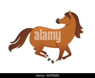 Brown cavallo selvatico, o animale domestico in esecuzione con testa guarda indietro cartoon piatto design illustrazione vettoriale isolati su sfondo bianco. Illustrazione Vettoriale