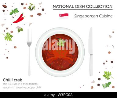 Cucina di Singapore. Asian piatto nazionale raccolta. Chili crab isolato su bianco, infograpic. Illustrazione Vettoriale Illustrazione Vettoriale