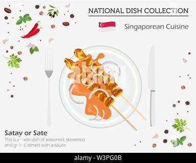 Cucina di Singapore. Asian piatto nazionale raccolta. Saté isolato su bianco, infograpic. Illustrazione Vettoriale Illustrazione Vettoriale