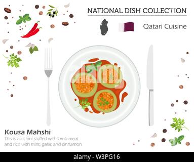 Cucina Qatar. In Medio Oriente il piatto nazionale di raccolta. Kousa Mahshi isolato su bianco, infograpic. Illustrazione Vettoriale Illustrazione Vettoriale