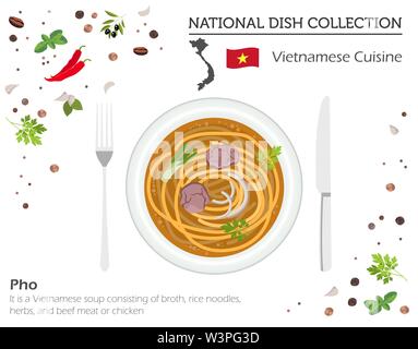 La cucina vietnamita. Asian piatto nazionale raccolta. Zuppa Pho isolato su bianco, infograpic. Illustrazione Vettoriale Illustrazione Vettoriale