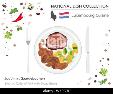 Cucina di Lussemburgo. Europeo piatto nazionale di raccolta. Collare di affumicato di maiale con ampia di fagioli isolato su bianco, una infografica. Illustrazione Vettoriale Illustrazione Vettoriale