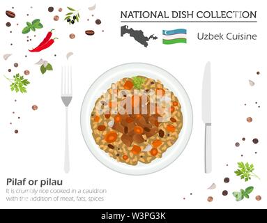 Cucina uzbeka. Asian piatto nazionale raccolta. Pilaf isolato su bianco, infograpic. Illustrazione Vettoriale Illustrazione Vettoriale