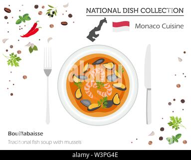 Cucina di Monaco. Europeo piatto nazionale di raccolta. Tradizionale zuppa di pesce con cozze isolato su bianco, una infografica. Illustrazione Vettoriale Illustrazione Vettoriale