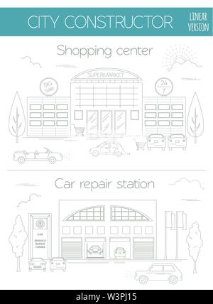 Grande città set generatore. Casa costruttore. Supermercato, negozio, servizio di auto e la stazione di riparazione. Versione OOutline. Rendere perfetta la tua città. Vector illust Illustrazione Vettoriale