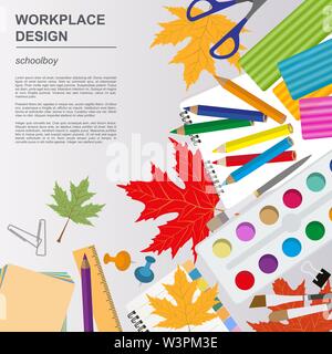 Istruzione modello grafico. Scolaro workplace mock up per creare il proprio design infographics, banner. Illustrazione Vettoriale con posto per il testo. Illustrazione Vettoriale