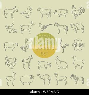 Animale da azienda di una linea sottile collezione. 25 icon set. Design piatto. Illustrazione Vettoriale Illustrazione Vettoriale