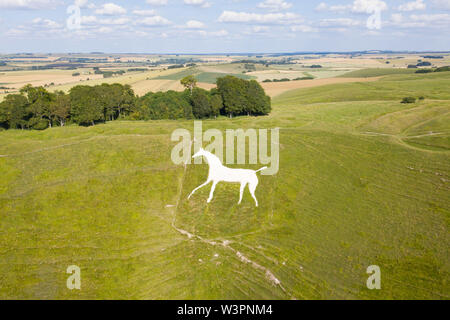 Cherhill, Wiltshire, Regno Unito. Il 16 luglio 2019. Vista aerea del Cherhill White Horse nel Wiltshire prese con un drone. Foto Stock