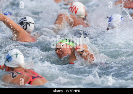 Ve zlutozelene cepicce s cislem 31 plave ceska reprezentantka Alena benesova na trati 10 km na mistrostvi sveta v plavani v Gwangju. 14.7.2019 Foto Stock