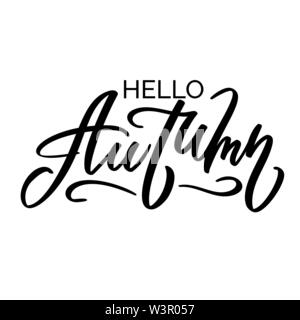 Ciao, autunno - testo mano-scrittura in moderno stile di calligrafia. Tipografia, scritte, frase manoscritta per schede, banner, flyer, poster. In vettore Illustrazione Vettoriale