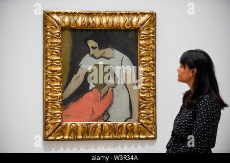 Londra, Regno Unito. Il 17 luglio 2019. Un membro del personale opinioni 'allarme', 1935, da Helene Schjerfbeck presso l'anteprima del primo da solista UK Exhibition di artista finlandese Helene Schjerfbeck presso la Royal Academy of Arts di Piccadilly. La mostra presenta circa 65 ritratti, paesaggi e nature morte e corre 20 Luglio al 27 ottobre 2019. Credito: Stephen Chung / Alamy Live News Foto Stock