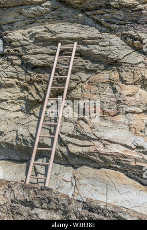 Piccolo giocattolo di legno scaletta sostennero contro la scogliera. Metafora la scalata di carriera, salire sull'alloggiamento scaletta, scala aziendale, arrampicata sociale. Foto Stock