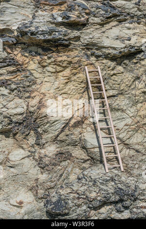 Piccolo giocattolo di legno scaletta sostennero contro la scogliera. Metafora la scalata di carriera, salire sull'alloggiamento scaletta, scala aziendale, arrampicata sociale. Foto Stock