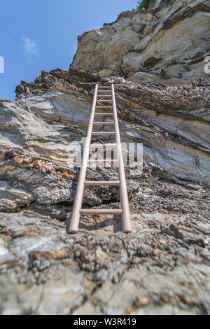 Piccolo giocattolo di legno scaletta sostennero contro la scogliera. Metafora la scalata di carriera, salire sull'alloggiamento scaletta, scala aziendale, arrampicata sociale. Foto Stock