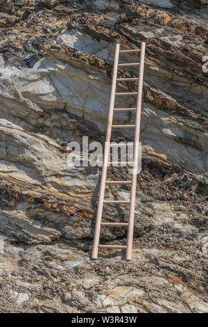 Piccolo giocattolo di legno scaletta sostennero contro la scogliera. Metafora la scalata di carriera, salire sull'alloggiamento scaletta, scala aziendale, arrampicata sociale. Foto Stock