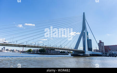 Rotterdam, Paesi Bassi. Il 2 luglio 2019. Paesaggio urbano e Ponte Erasmo, giornata di sole. Waterfront edifici al fiume Maas Foto Stock