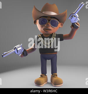 Cowboy rapper nero indossando stetson e sparando pistole in aria, 3D render illustrazione Foto Stock