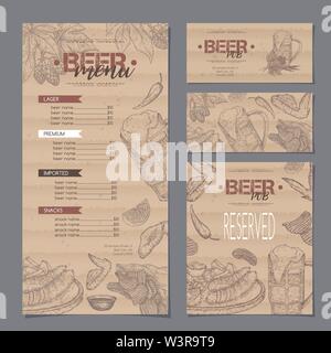 Menu del bar della birra e modelli di carte con tazza di birra, ramo di hop, frumento, patatine, ali di pollo e piatto di spuntini. Illustrazione Vettoriale