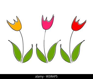I tre tulip colorati fiori di primavera. Doodle style illustrazione vettoriale. Illustrazione Vettoriale