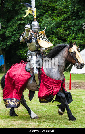 Un cavaliere armato sul suo pugno caricabatterie pompe come egli galoppa in arena ad una rievocazione storica durante la giostra settimana al Castello di Arundel Foto Stock