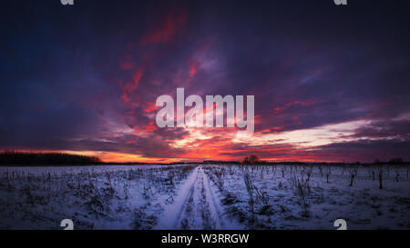 Strada innevata nel tramonto Foto Stock