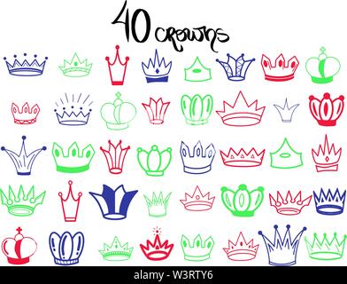 Grandi serie di corone. Elegante regina tiara, king crown isolati su sfondo bianco. Corone di vettore illustrazione in rosso, verde e blu. La principessa decor Illustrazione Vettoriale