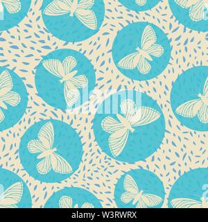 Moderno disegnato a mano e farfalle blu trasparente cerchi. Vettore di Seamless pattern su occupato blu e crema di sfondo a trama. Ottimo per il benessere Illustrazione Vettoriale