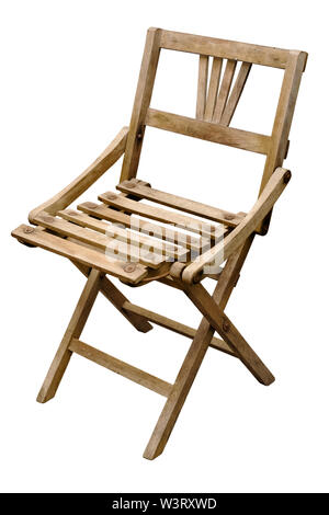 Oggetti isolati: molto vecchio di legno sedia pieghevole su sfondo bianco Foto Stock