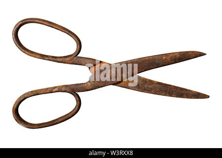 Oggetti isolati: molto vecchio arrugginito sartoriale forbici su sfondo bianco Foto Stock