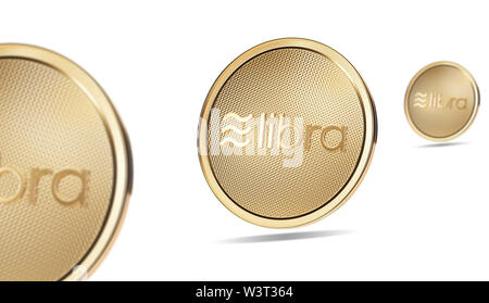 Concetto di golden Libra monete con il logo sulla parte anteriore. Nuovo progetto di digital crypto valuta di pagamento. 3D render Coin collocati su uno sfondo bianco. Foto Stock