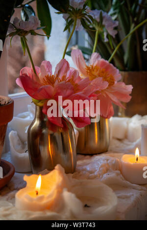 Peonie rosa, a lume di candela, oro, Berlino Foto Stock