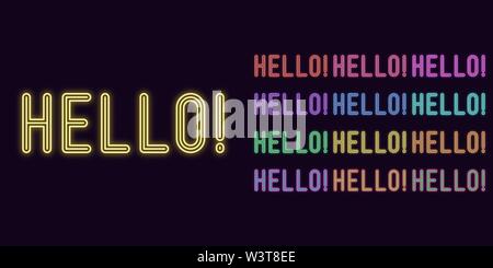 Il Neon testo Ciao, espressiva del titolo. Set di incandescente Hello Word in neon stile con retroilluminazione trasparente. Kit di vettore, rosso porpora rosa blu violetto g azzurro Illustrazione Vettoriale