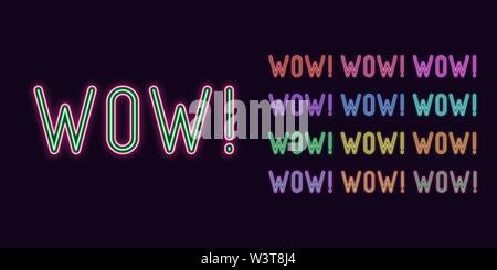 Testo al neon Wow, espressiva del titolo. Set di incandescente WOW word in neon stile con retroilluminazione trasparente. Kit di vettore, rosa rosso porpora viola blu verde azzurro Illustrazione Vettoriale