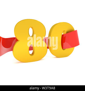 Grande golden 80 con un nastro rosso, rendering 3D Foto Stock