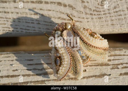 Fly spilla gioielli di perline. Tendenza moda di gioielli. Bellezza e moda artigianale di accessorio di insetti. Il concetto di lusso Foto Stock